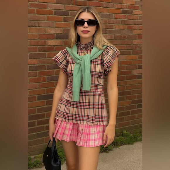 Juicy Couture Tops - Vintage Juicy Couture High Seas Plaid Top Blouse Silk Y2K Preppy Girly Pleated 4